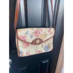NWT Vintage Michael Stevens floral canvas crossbody bag with brown leather trim